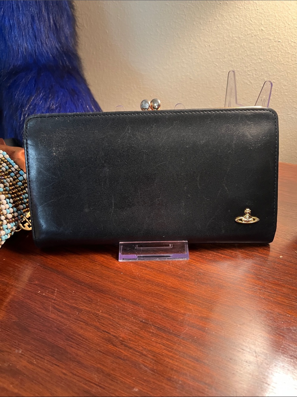 Vivienne Westwood Black Leather Clutch with Gold Orb Accent